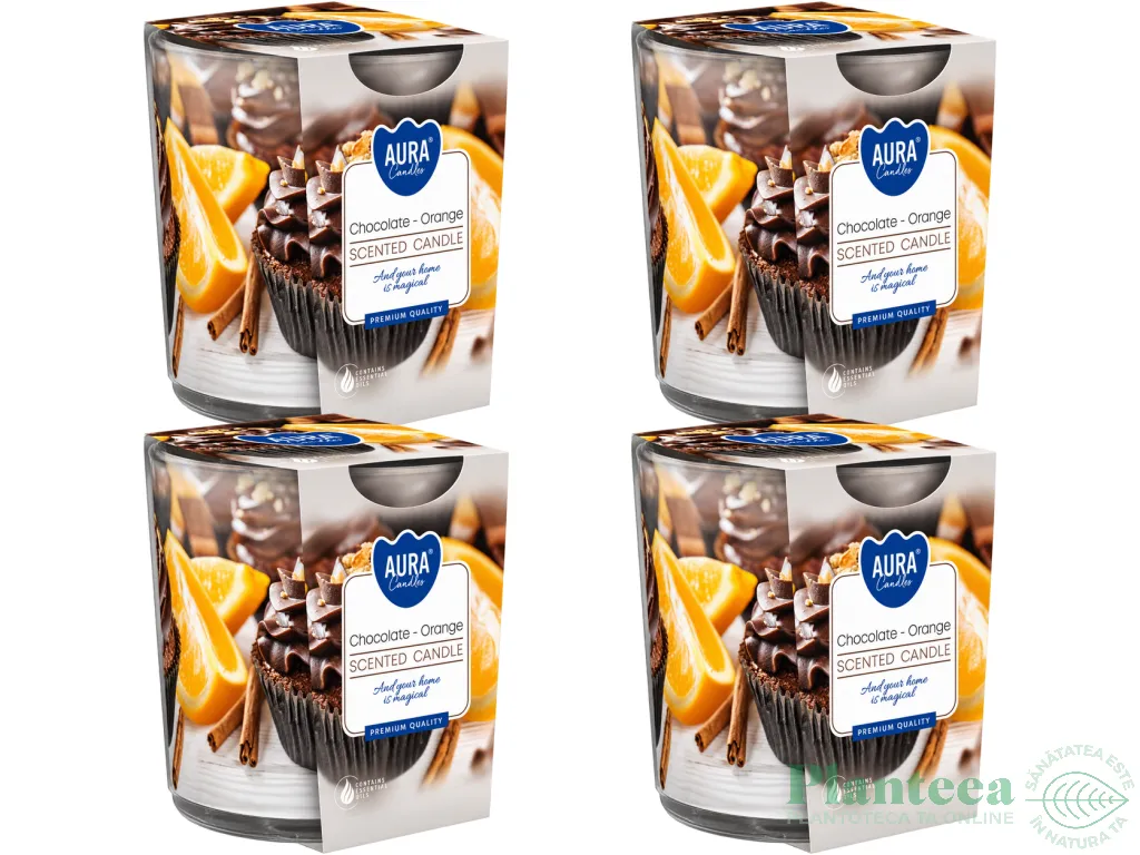 Set 4x Lumanari parfumate pahar imprimat 22h ciocolata orange 100g - AURA