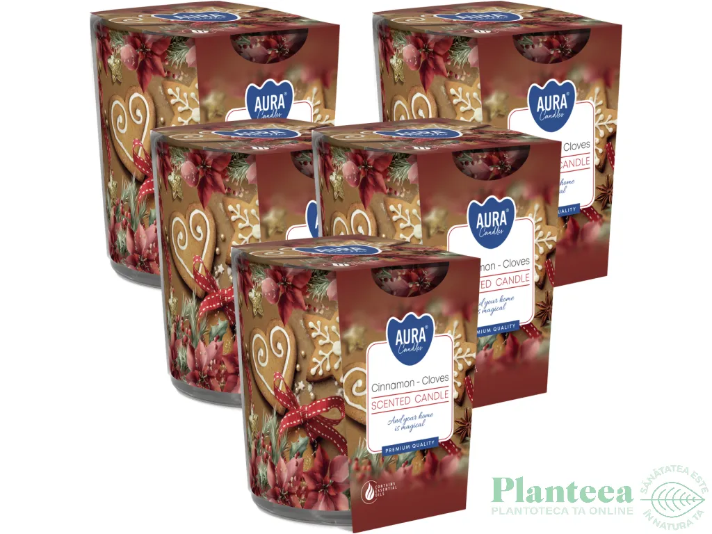 Set 5x Lumanari parfumate pahar imprimat 22h cinnamon cloves 100g - AURA
