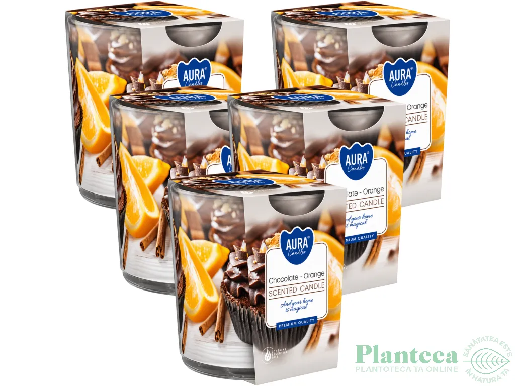 Set 5x Lumanari parfumate pahar imprimat 22h ciocolata orange 100g - AURA