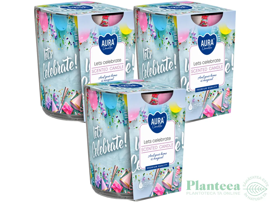 Set 3x Lumanari parfumate pahar imprimat 22h Let's celebrate 100g - AURA