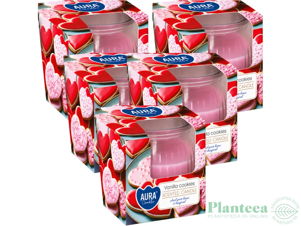 Set 5x Lumanari parfumate pahar 18h prajituri vanilie 80g - AURA