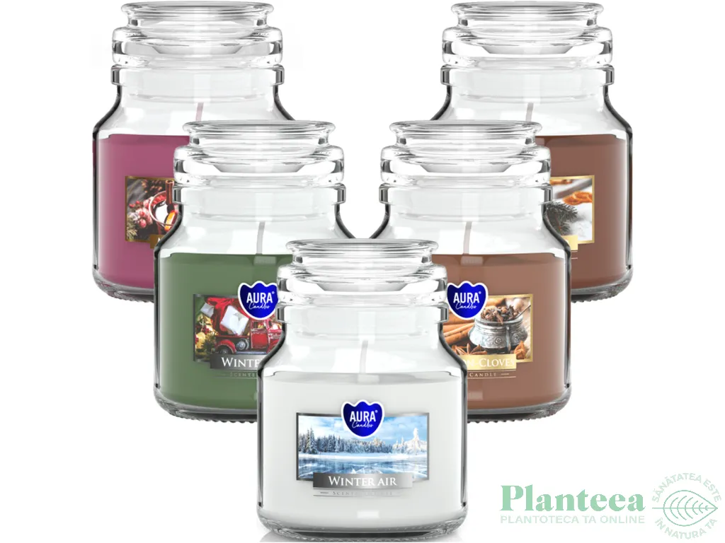 Kit 5x Lumanari parfumate borcan cu capac 28h Arome Iarna 5tipuri 120g - AURA