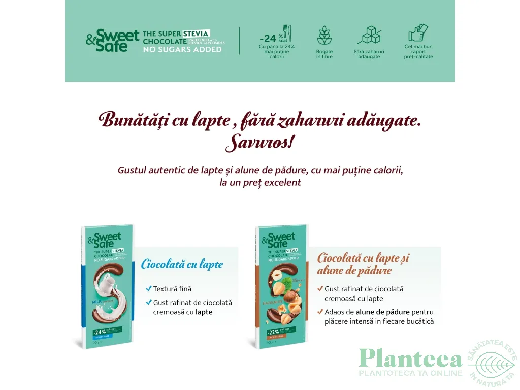 Ciocolata lapte indulcitor stevia 90g - SWEET&SAFE