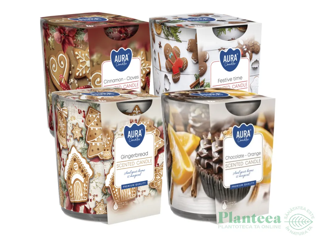 Kit 4x Lumanari parfumate pahar imprimat 22h Miresme Sarbatori 4tipuri 100g - AURA