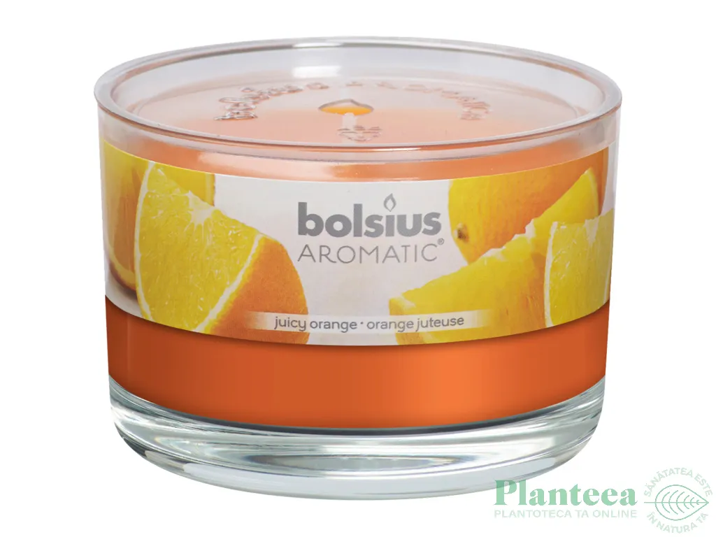 Lumanare parfumata pahar cu capac 26h portocala 370g - BOLSIUS