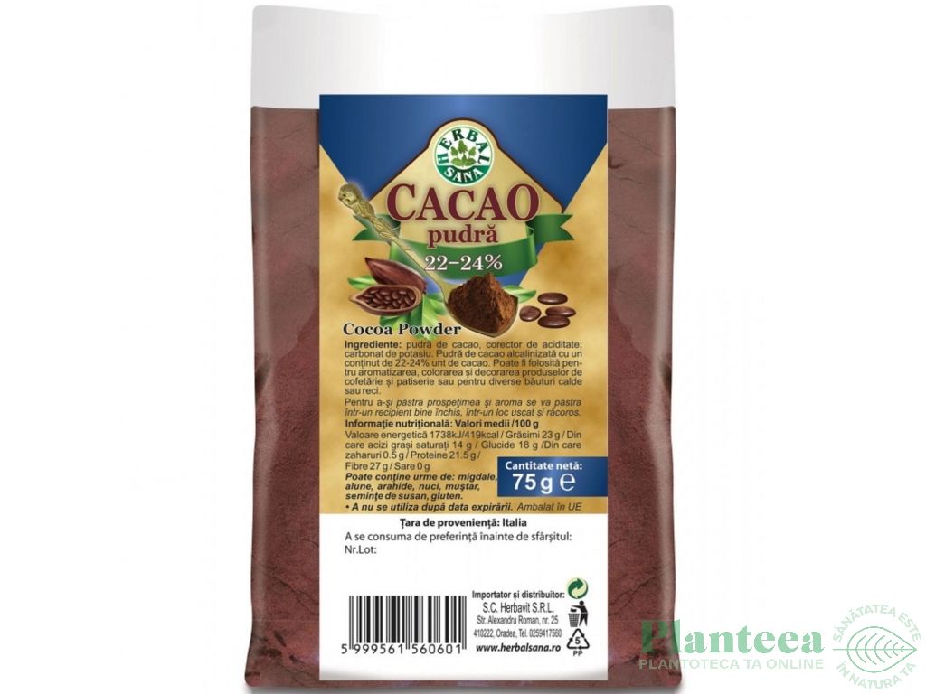 Cacao pulbere 22~24% 75g - HERBAL SANA