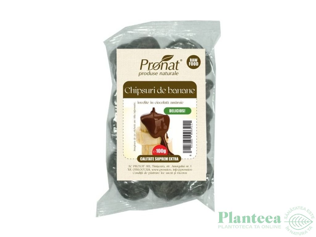 Chipsuri banane glazura ciocolata amaruie eco 100g - PRONAT