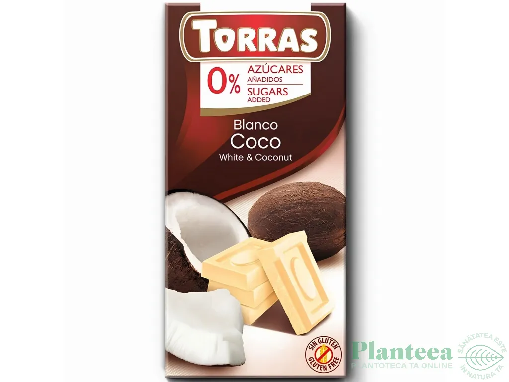 Ciocolata alba cocos fara zahar fara gluten 75g - TORRAS