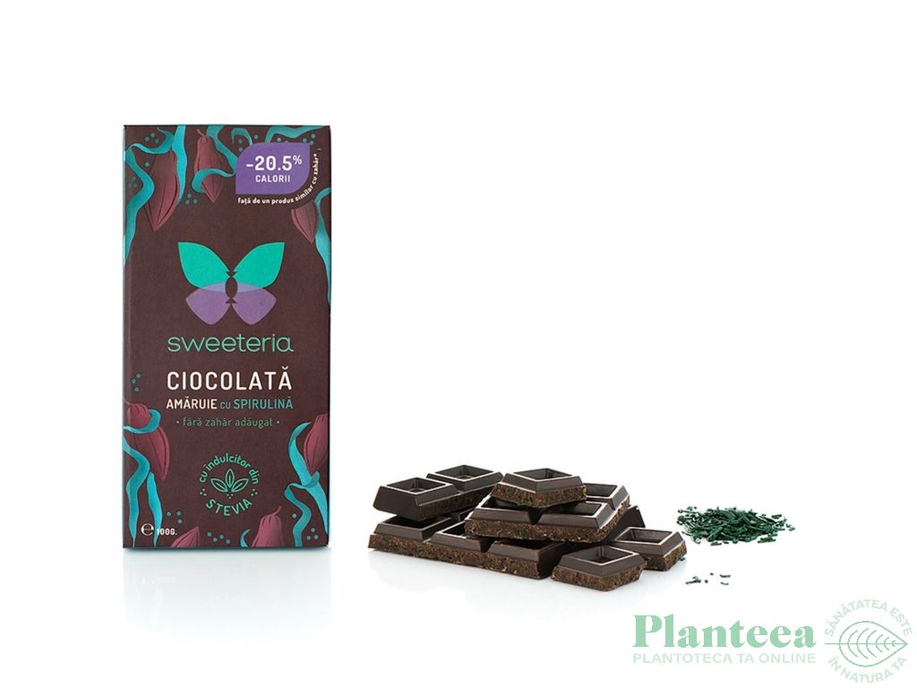 Ciocolata amaruie 70%cacao spirulina fara zahar 100g - SWEETERIA