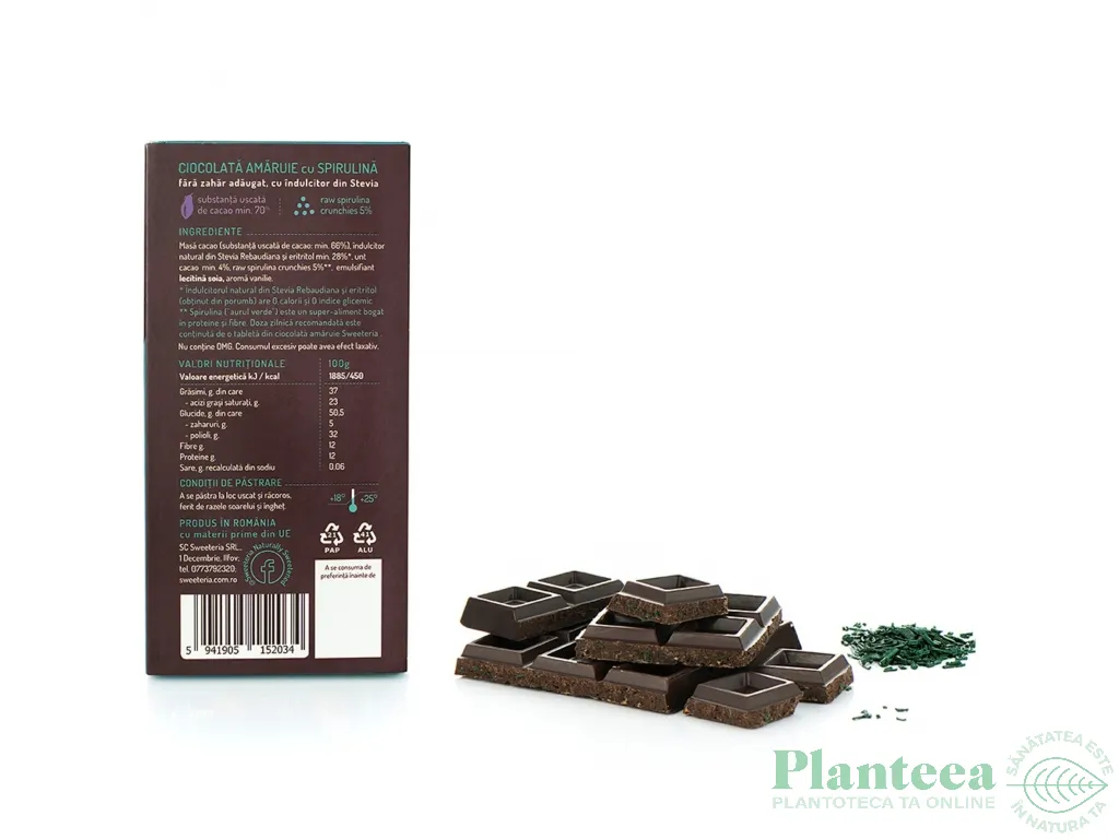 Ciocolata amaruie 70%cacao spirulina fara zahar 100g - SWEETERIA