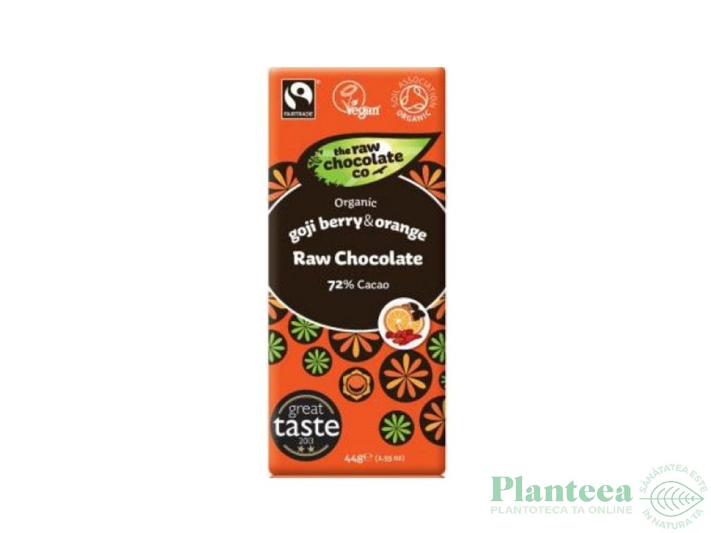Ciocolata neagra 72% goji portocale raw eco 44g - THE RAW CHOCOLATE CO