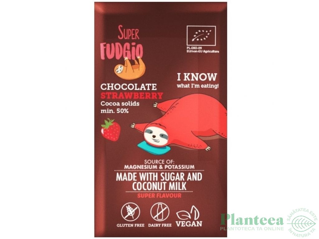 Ciocolata vegana capsuni fara gluten bio 80g - SUPER FUDGIO