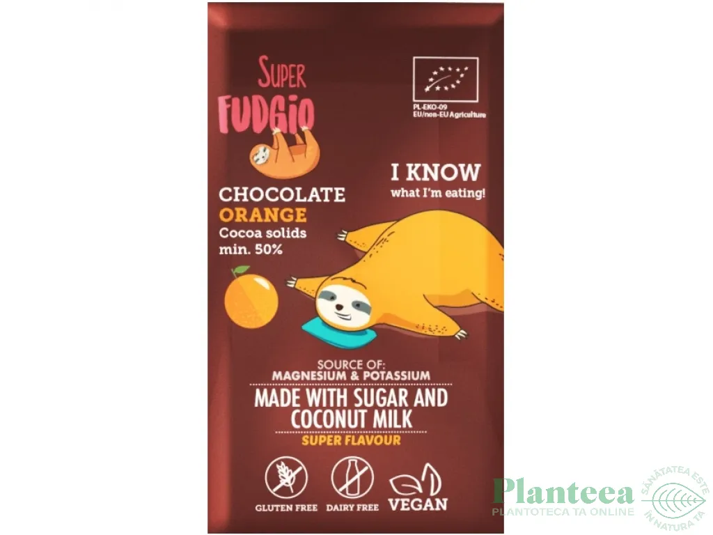 Ciocolata vegana lapte cocos portocale fara gluten bio 80g - SUPER FUDGIO