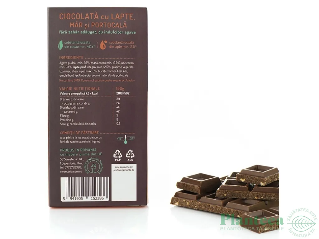 Ciocolata lapte mar portocala fara zahar 100g - SWEETERIA