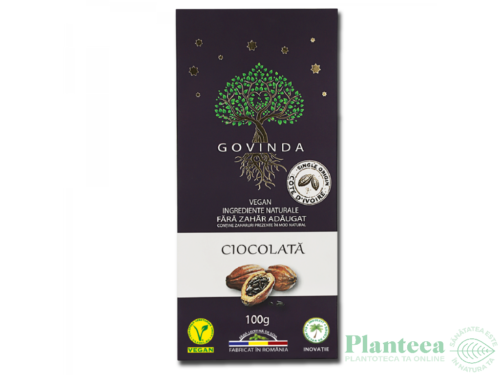 Ciocolata vegana 72%cacao fara zahar 100g - GOVINDA
