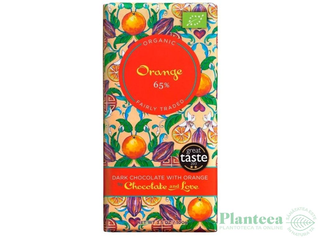 Ciocolata neagra 65% portocale eco 100g - CHOCOLATE & LOVE