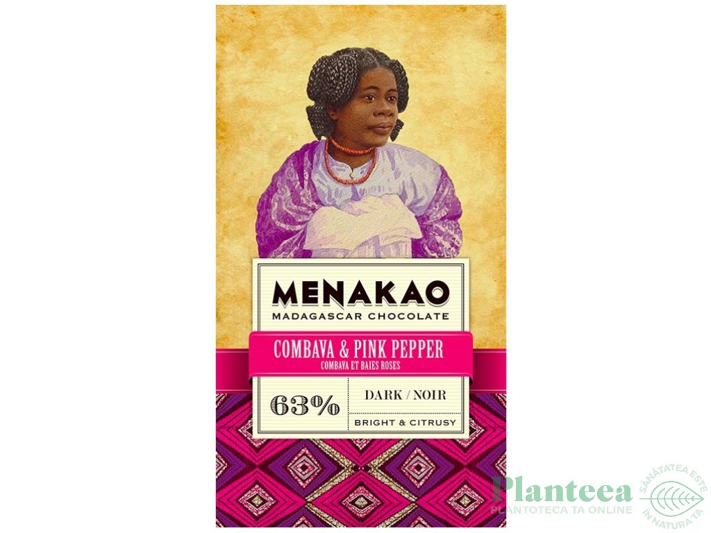 Ciocolata neagra 63% piper roz combava 75g - MENAKAO