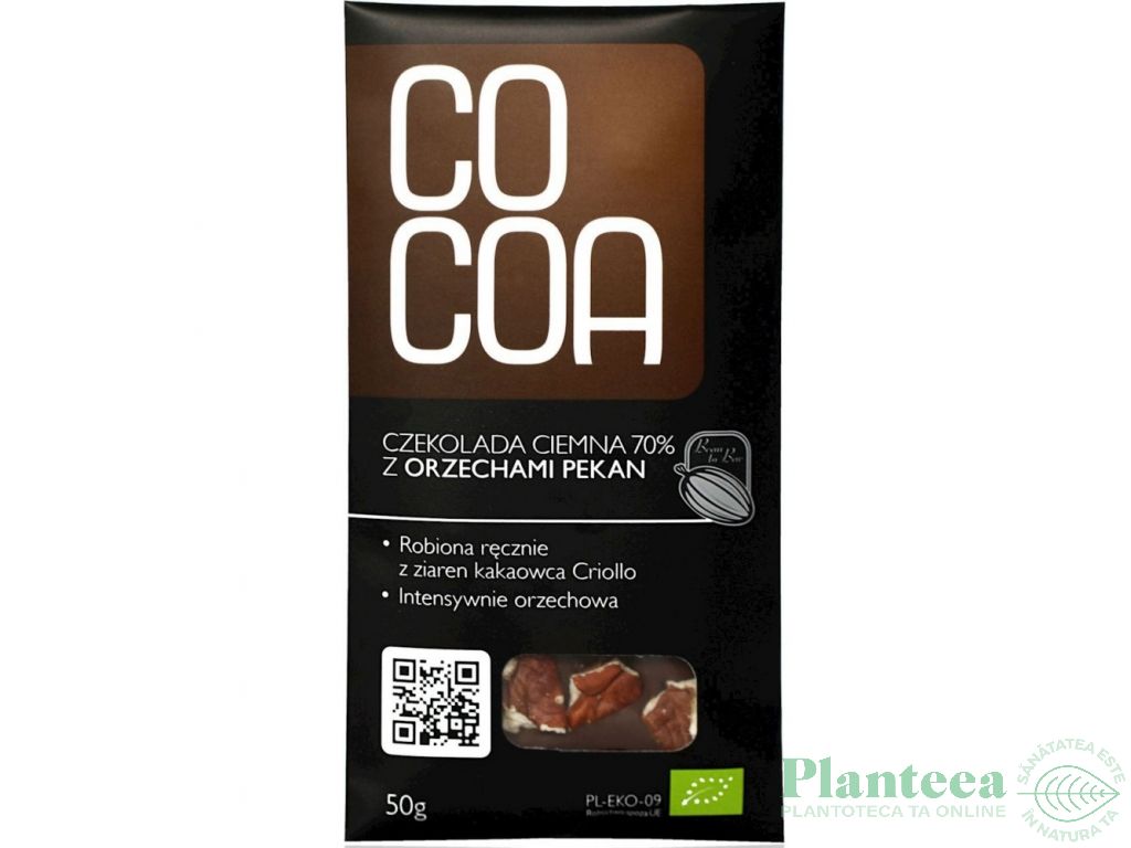 Ciocolata neagra 70% alune nuci pecan raw eco 50g - COCOA