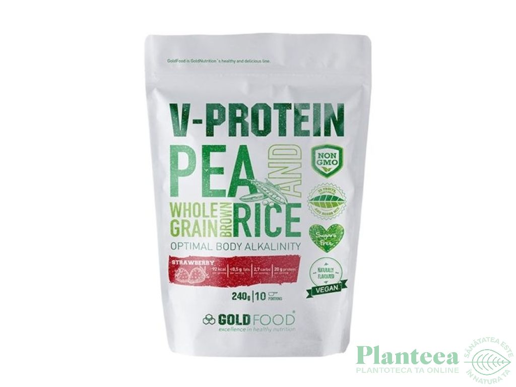 Pulbere proteica vegana V Protein capsuni 240g - GOLD NUTRITION