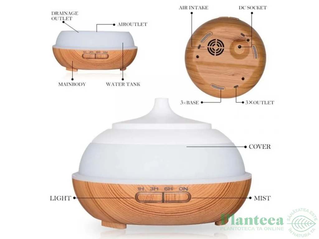Difuzor ultrasonic aromaterapie oval 7culori lemn deschis 300ml - JKWSTAR