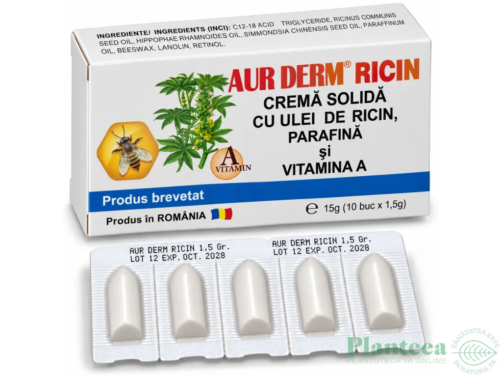 Supozitoare ulei ricin parafina Aur Derm 10x1,5g - LAUR MED