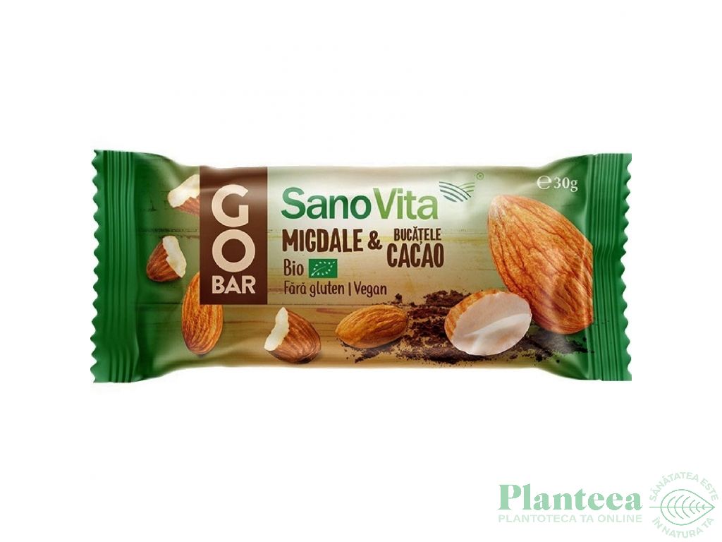 Baton fructe migdale cacao fara gluten GoBar bio 30g - SANOVITA