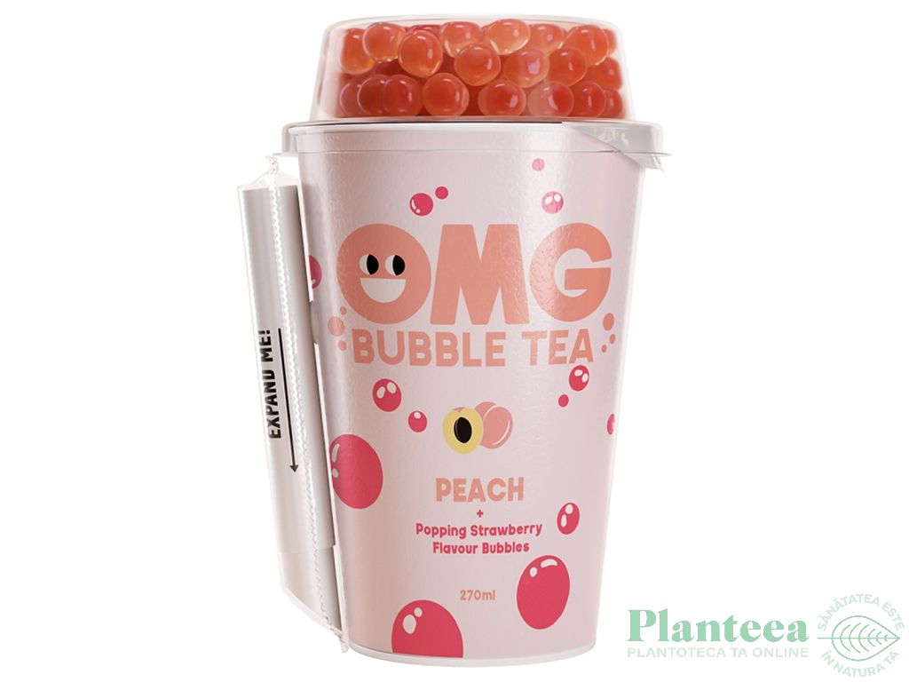 Bubble Tea ceai negru piersica perle capsuni pahar 265ml - OMG