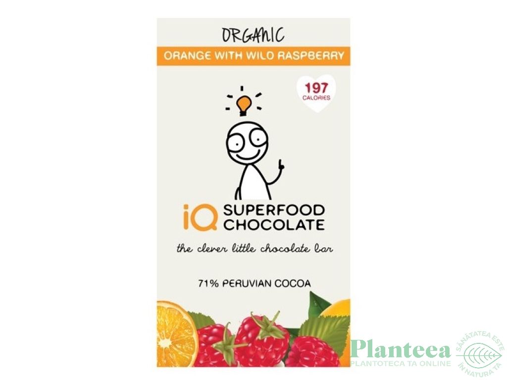 Ciocolata neagra 71% zmeura portocale eco 35g - IQ CHOCOLATE