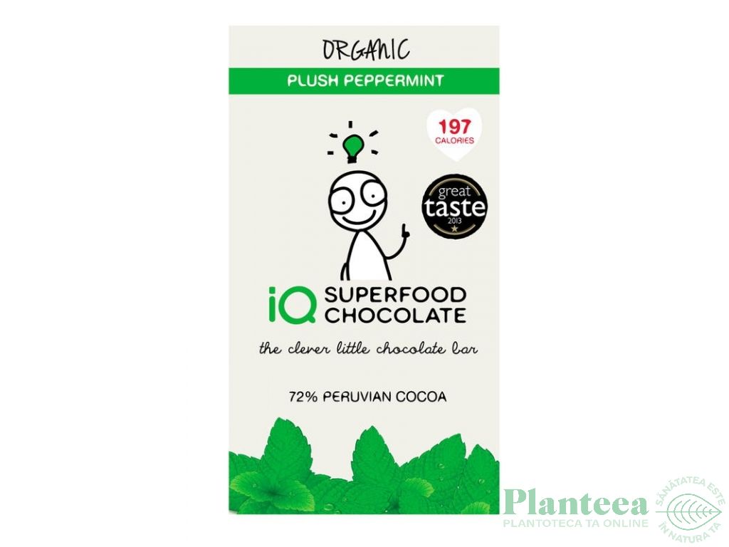Ciocolata neagra 72% menta eco 35g - IQ CHOCOLATE