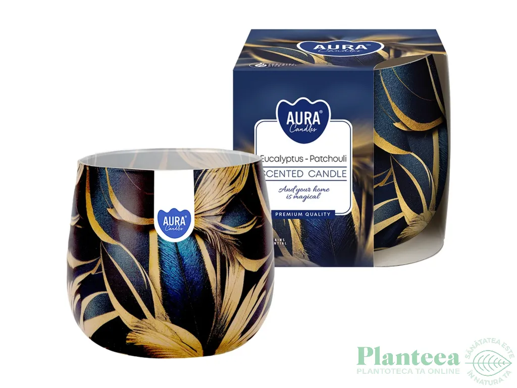 Lumanare parfumata pahar imprimat 20h Eucalipt Patchouli 100g - AURA