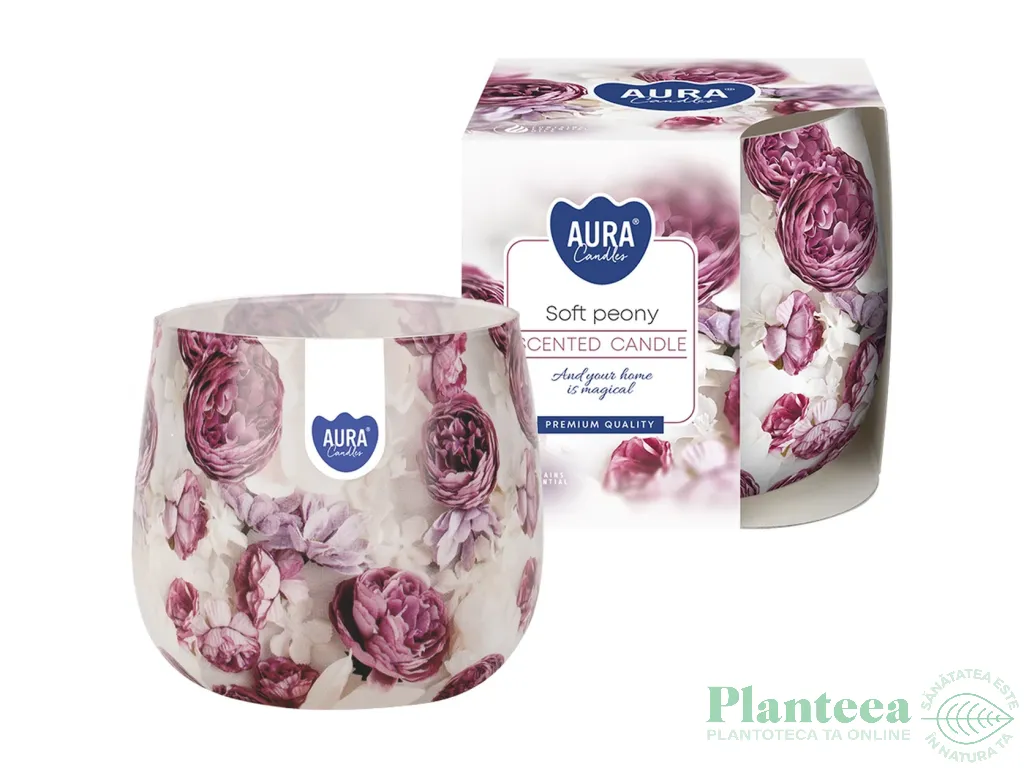 Lumanare parfumata pahar imprimat 20h Bujor 100g - AURA