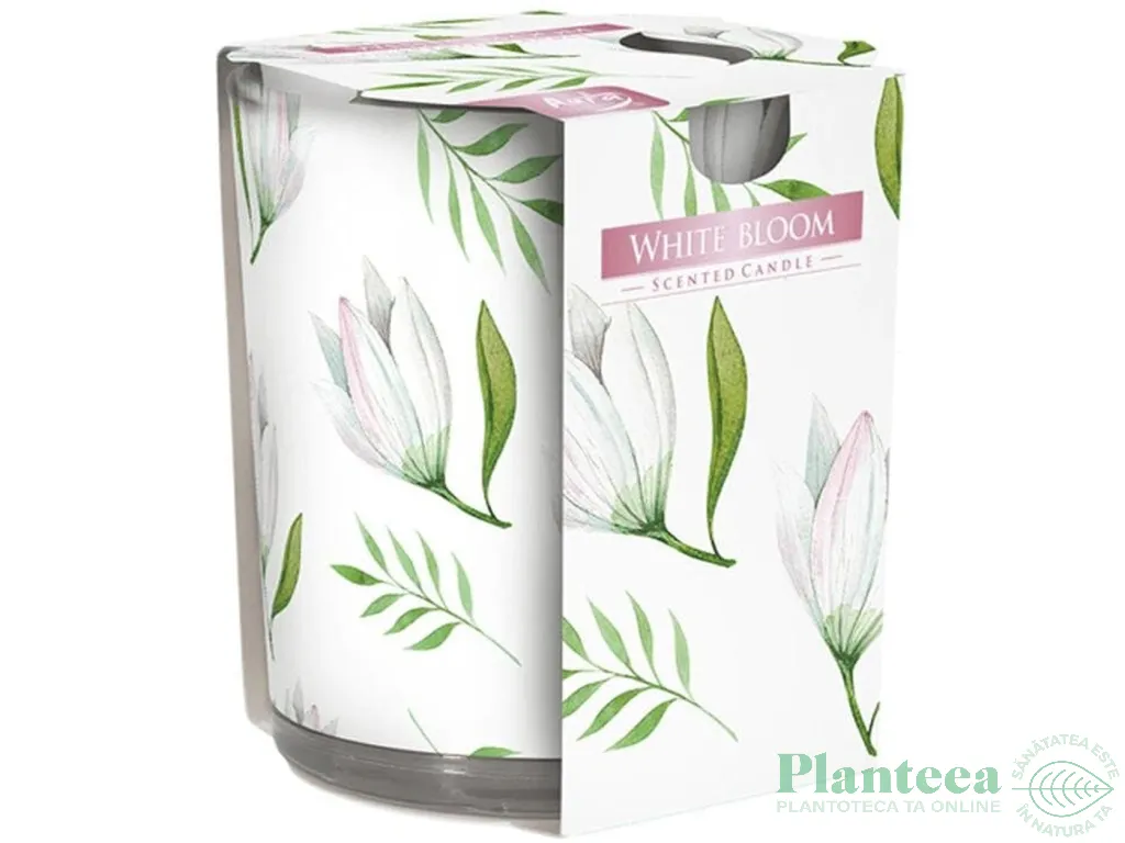Lumanare parfumata pahar imprimat 22h White bloom 100g - AURA