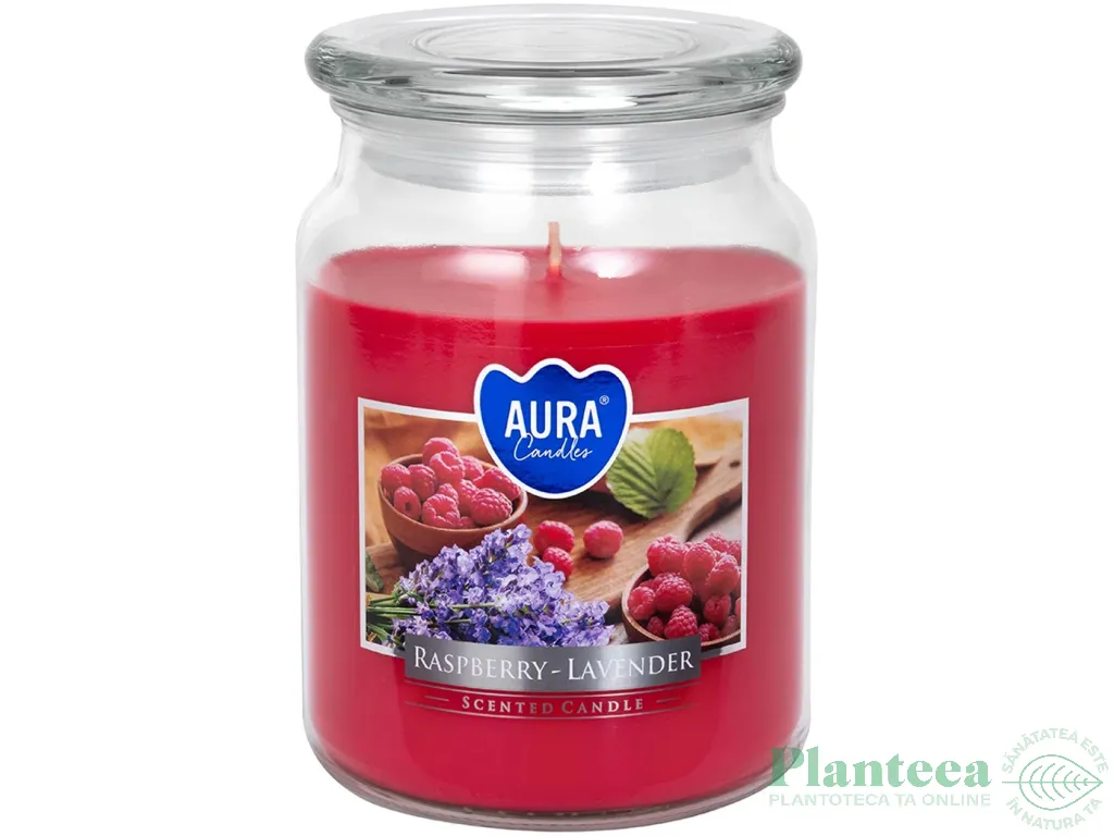 Lumanare parfumata borcan cu capac 100h Zmeura Lavanda alba 500g - AURA
