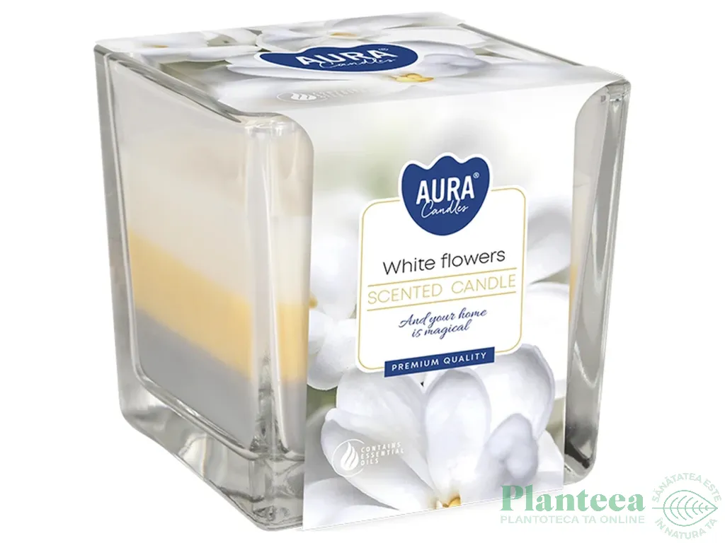 Lumanare parfumata pahar 3culori 32h White flowers 170g - AURA
