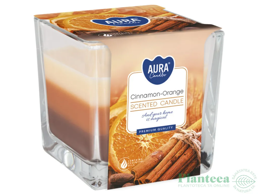 Lumanare parfumata pahar 3culori 32h Scortisoara portocala 170g - AURA