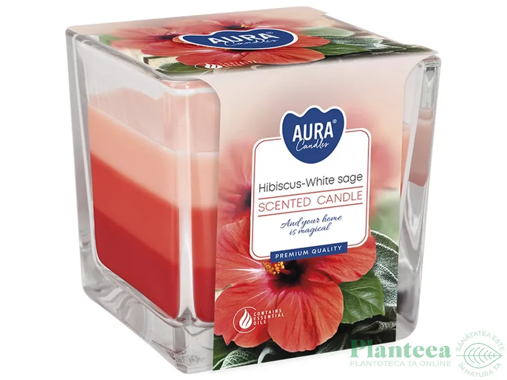 Lumanare parfumata pahar 3culori 32h Hibiscus Salvie alba 170g - AURA