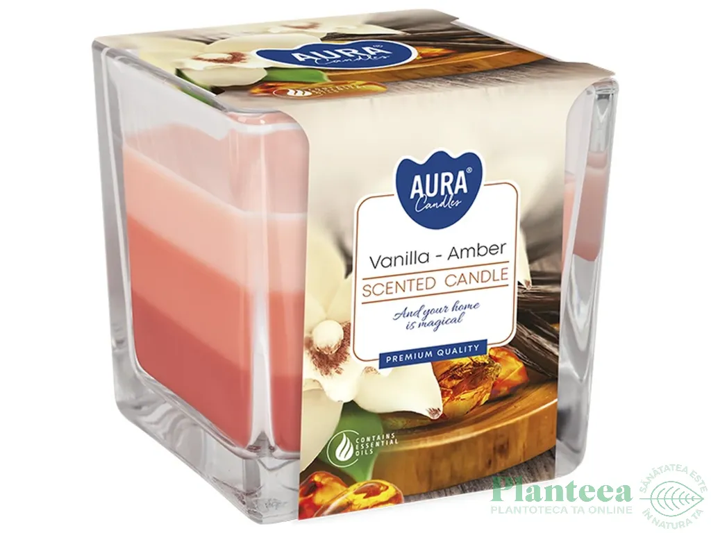 Lumanare parfumata pahar 3culori 32h Vanilie amber 170g - AURA