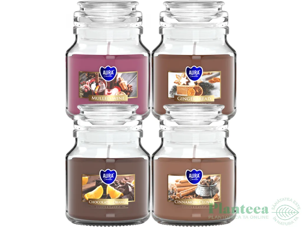 Kit 4x Lumanari parfumate borcan cu capac 28h Miresme Sarbatori 4tipuri 120g - AURA