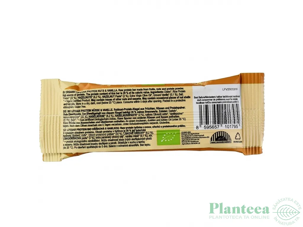 Baton proteic nuci vanilie raw bio 47g - LIFEBAR