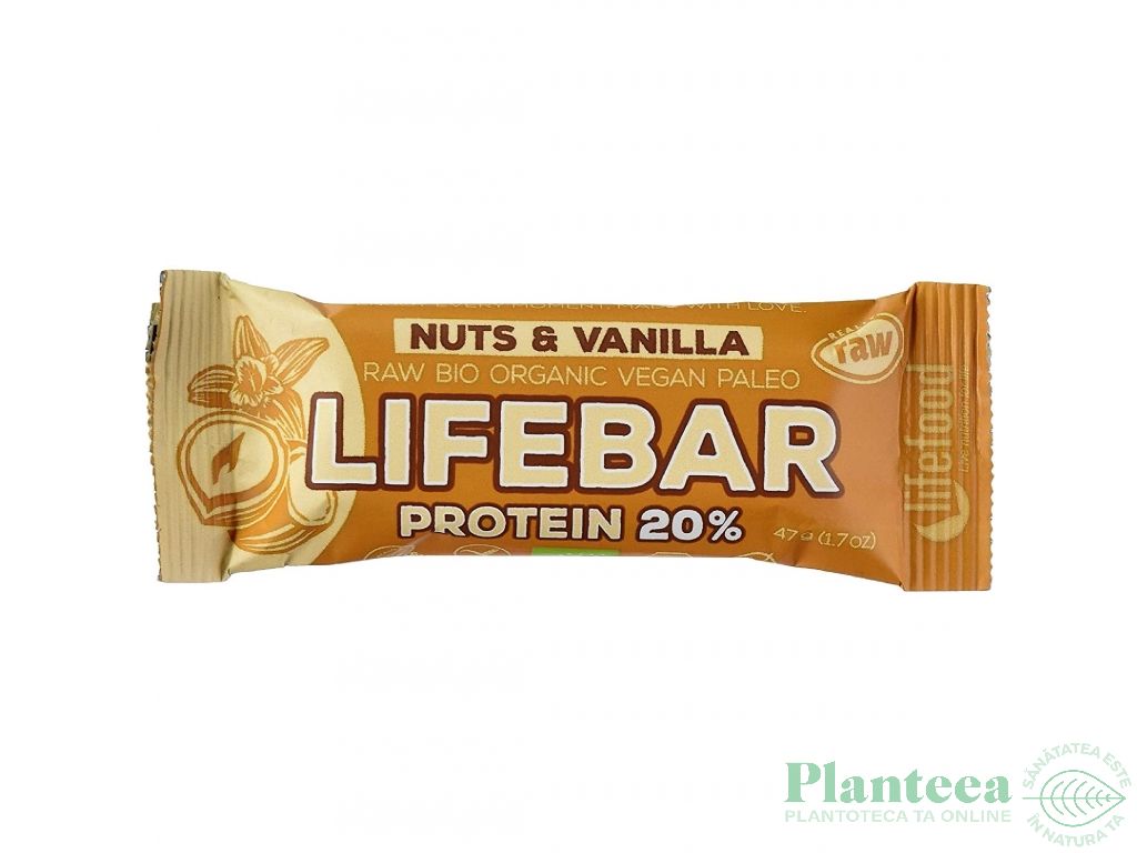 Baton proteic nuci vanilie raw bio 47g - LIFEBAR