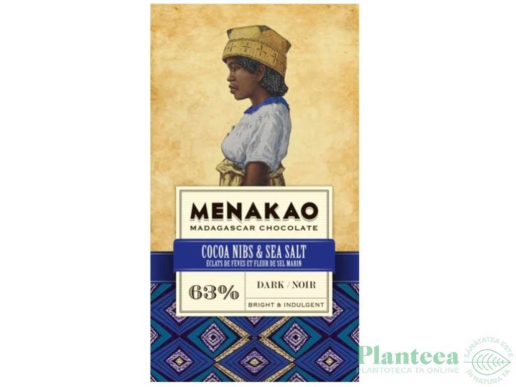 Ciocolata neagra 63% sare mare cacao nibs 75g - MENAKAO