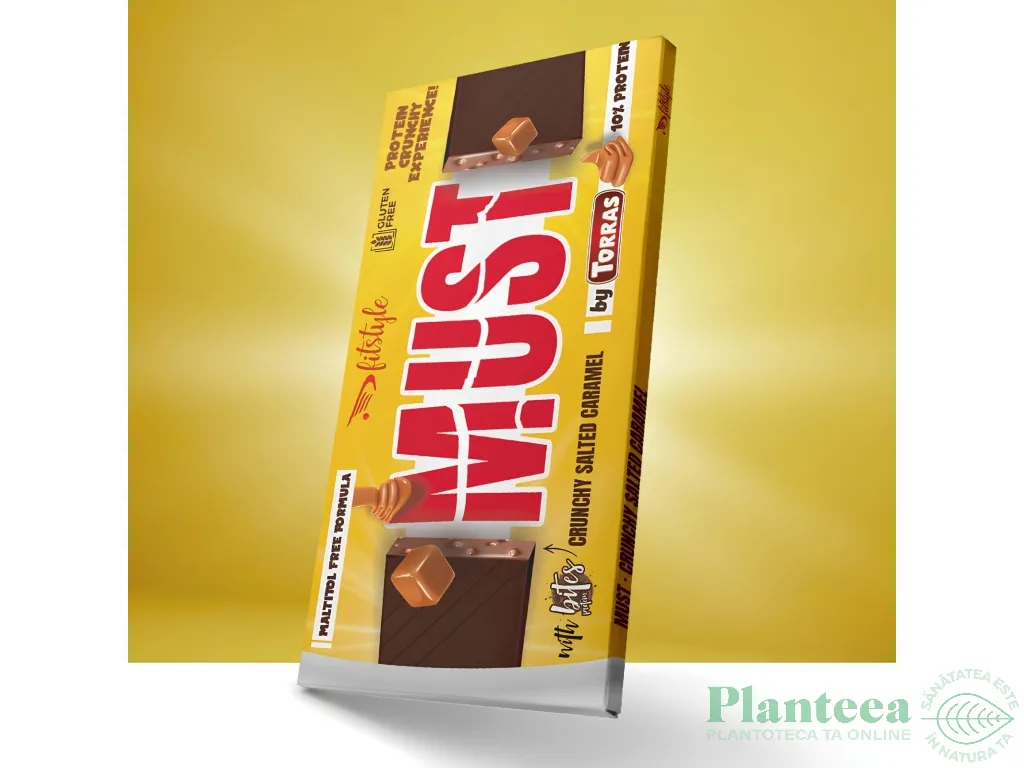 Ciocolata neagra crunchy salted caramel 10% proteine soia fara zahar fara gluten Must 100g - FITSTYLE