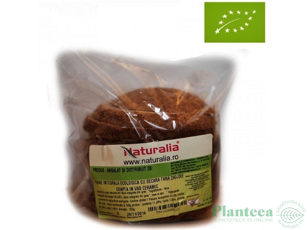 Paine integrala secara fara drojdie coapta vas ceramic eco 350g - NATURALIA