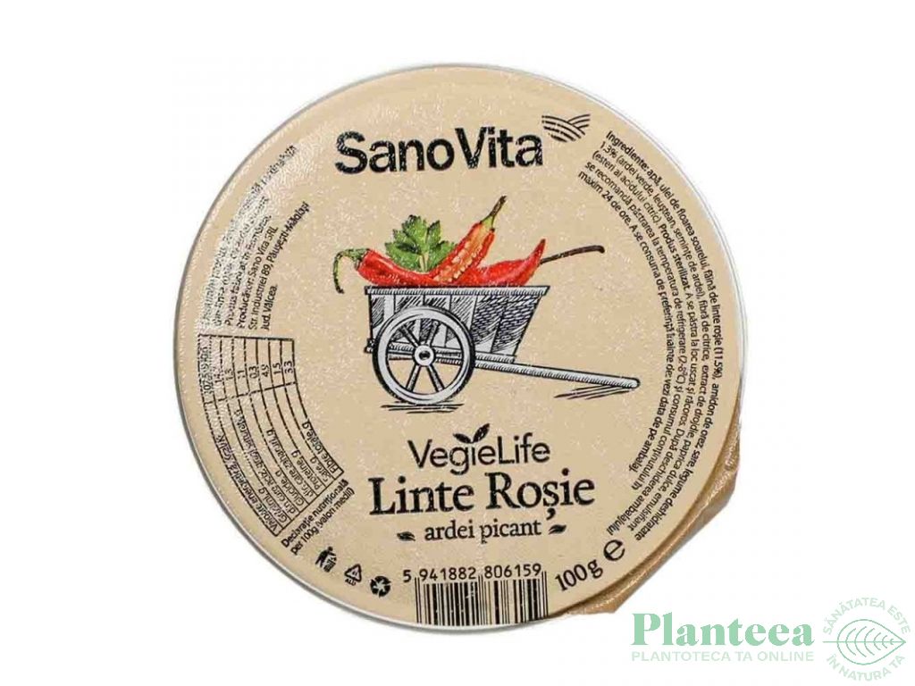 Pate vegetal linte rosie ardei picant 100g - SANOVITA