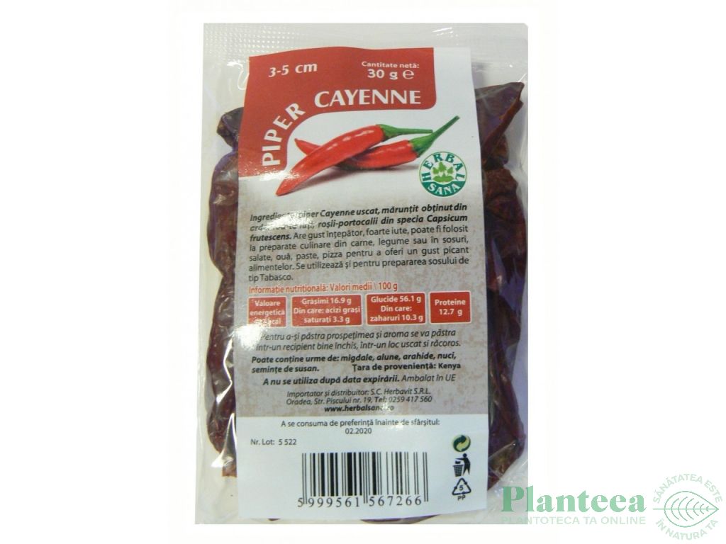 Condiment piper cayenne intreg 3_5cm 30g - HERBAL SANA