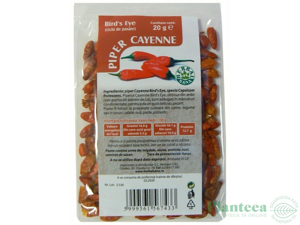 Condiment piper cayenne ochi pasare 20g - HERBAL SANA