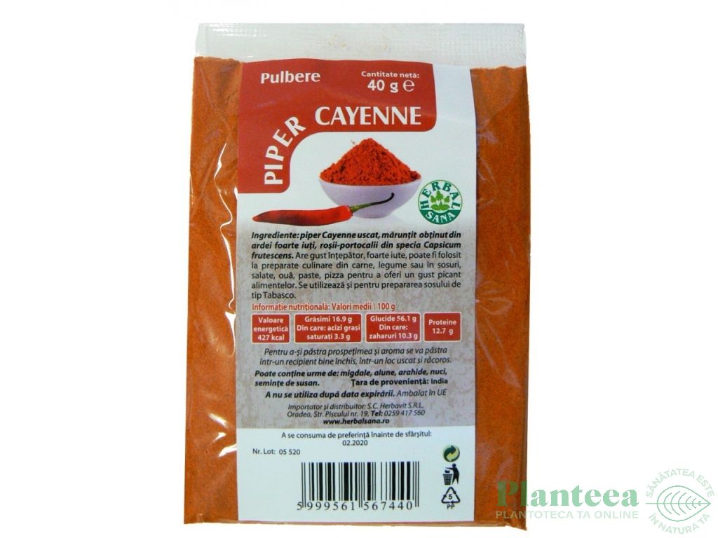 Condiment piper cayenne pulbere 40g - HERBAL SANA