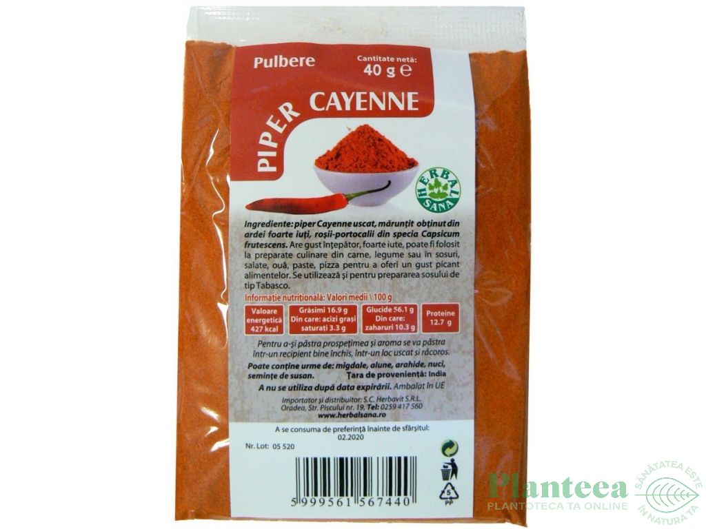 Condiment piper cayenne macinat 40g - HERBAL SANA