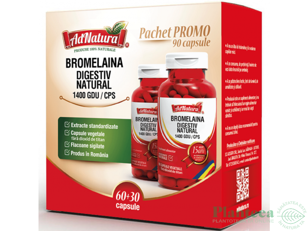 Pachet Bromelaina digestiv natural 1400 gdu 60+30cps - ADNATURA