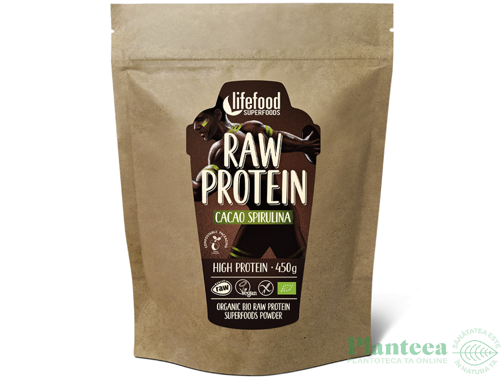 Pulbere proteica mix raw vegan Cacao Spirulina eco 450g - LIFEFOOD
